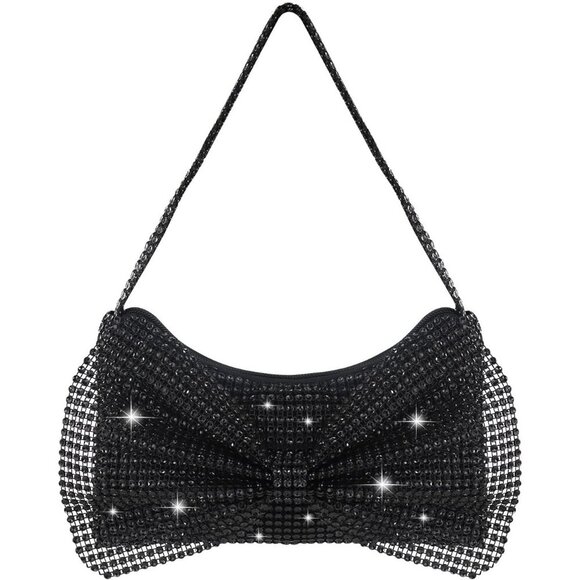 🆕Women Black Rhinestone Evening Clutch Purse, Sparkly Bowknot Small Handbag - Picture 1 of 6